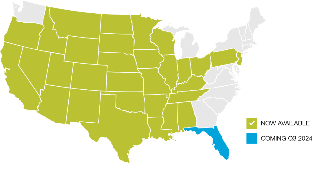 Map showcasing states in which the new online quoting experience is available. 